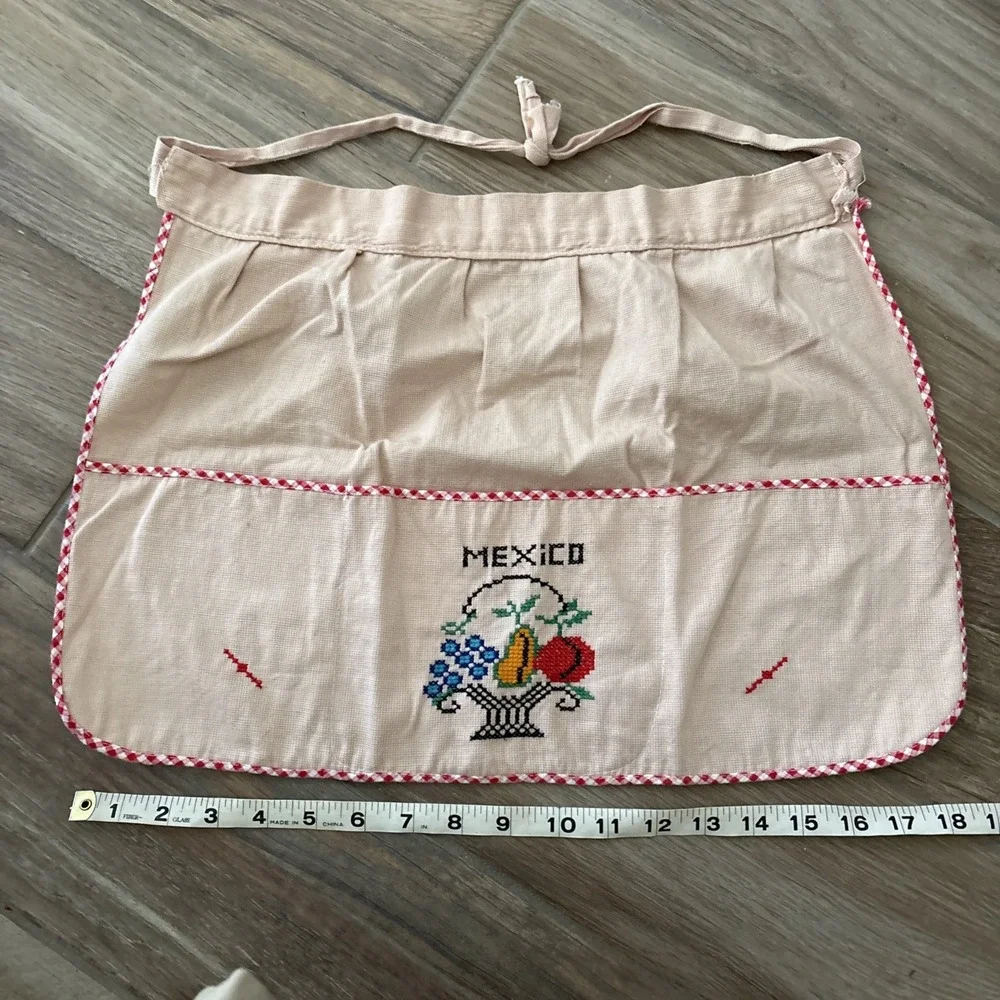 Vintage Half Apron Handmade Embroidered Waist Tie Beige Flowers Blue Piping